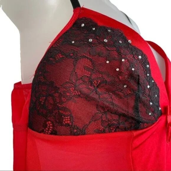 PASSION FOREVER RED/BLACK LACE WITH RHINESTONES CHEMISE NIGHTIE SIZE LARGE-EUC - Picture 7 of 9